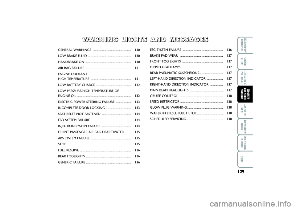 FIAT SCUDO 2014  Owner handbook (in English) 129
IN AN
EMERGENCYVEHICLE
MAINTENANCETECHNICAL
SPECIFICATIONSINDEXDASHBOARD
AND CONTROLSSAFETY
DEVICESCORRECT USE
OF THE VEHICLEWARNING
LIGHTS AND
MESSAGES
GENERAL WARNINGS  .........................