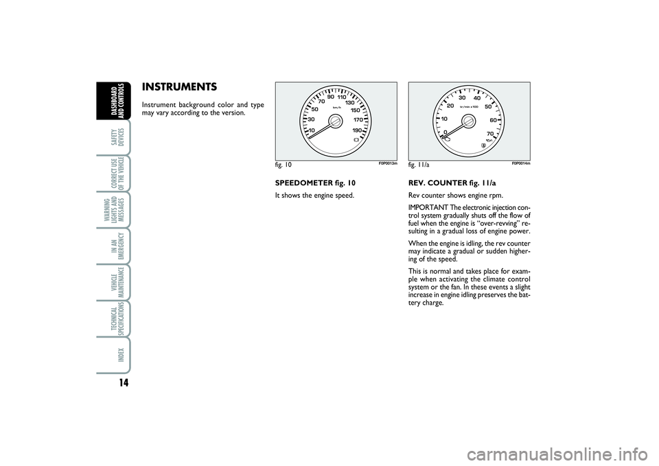 FIAT SCUDO 2014 Owner handbook (in English) INSTRUMENTS Instrument background color and type
may vary according to the version.
SPEEDOMETER fig. 10
It shows the engine speed.REV. COUNTER fig. 11/a
Rev counter shows engine rpm.
IMPORTANT The ele FIAT SCUDO 2014 Owner handbook (in English) INSTRUMENTS Instrument background color and type
may vary according to the version.
SPEEDOMETER fig. 10
It shows the engine speed.REV. COUNTER fig. 11/a
Rev counter shows engine rpm.
IMPORTANT The ele