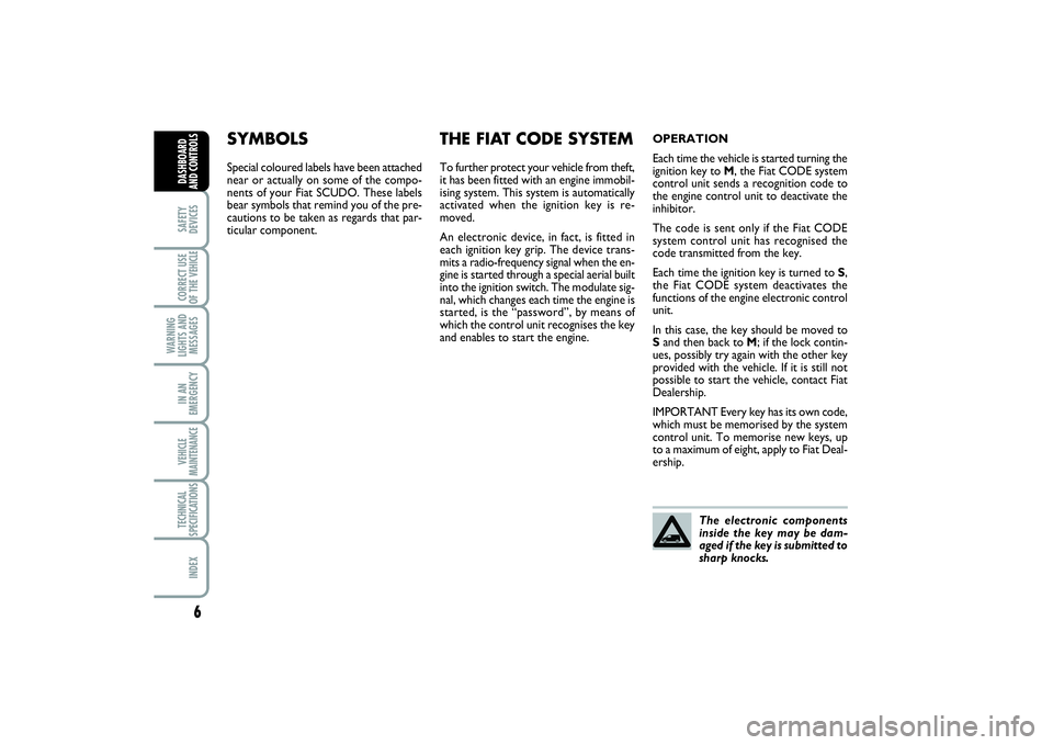 FIAT SCUDO 2014  Owner handbook (in English) 6SAFETY
DEVICESCORRECT USE
OF THE VEHICLE 
WARNING
LIGHTS AND
MESSAGESIN AN
EMERGENCYVEHICLE
MAINTENANCETECHNICAL
SPECIFICATIONSINDEXDASHBOARD
AND CONTROLS
SYMBOLSSpecial coloured labels have been att