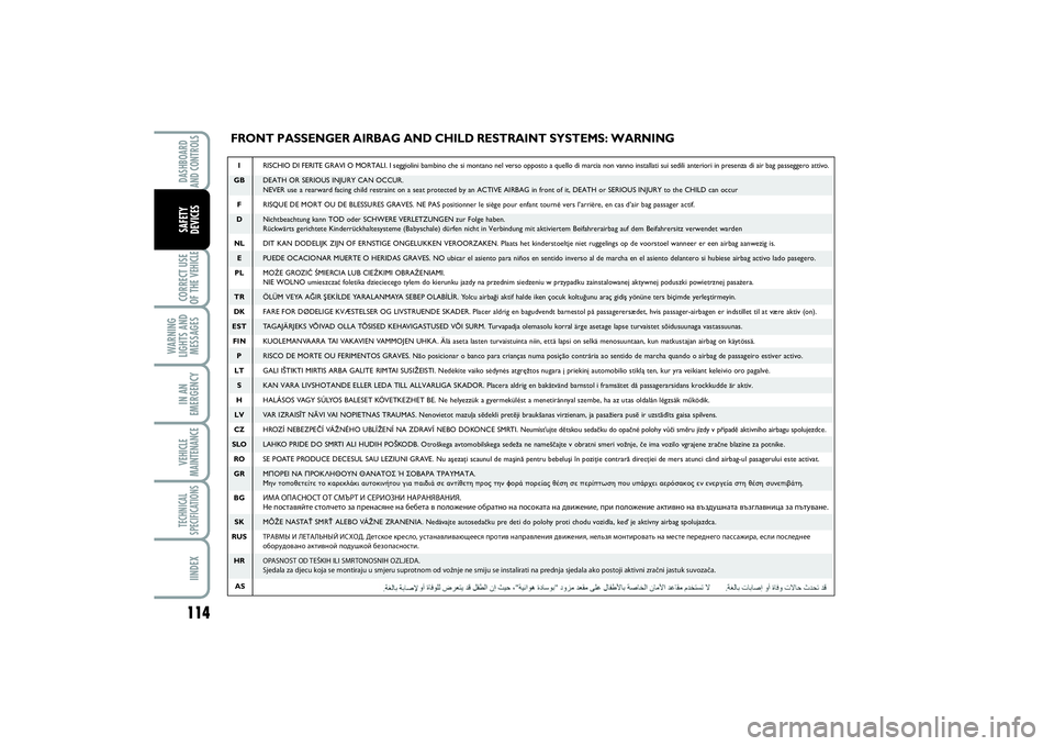 FIAT SCUDO 2016 Owner handbook (in English) 114CORRECT USE
OF THE VEHICLE
WARNING
LIGHTS AND
MESSAGESIN AN
EMERGENCYVEHICLE
MAINTENANCETECHNICAL
SPECIFICATIONSIINDEXDASHBOARD
AND CONTROLSSAFETY
DEVICES
FRONT PASSENGER AIRBAG AND CHILD RESTRAI FIAT SCUDO 2016 Owner handbook (in English) 114CORRECT USE
OF THE VEHICLE
WARNING
LIGHTS AND
MESSAGESIN AN
EMERGENCYVEHICLE
MAINTENANCETECHNICAL
SPECIFICATIONSIINDEXDASHBOARD
AND CONTROLSSAFETY
DEVICES
FRONT PASSENGER AIRBAG AND CHILD RESTRAI