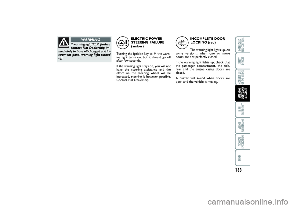 FIAT SCUDO 2015 Owner handbook (in English) 133
IN AN
EMERGENCYVEHICLE
MAINTENANCETECHNICAL
SPECIFICATIONSINDEXDASHBOARD
AND CONTROLSSAFETY
DEVICESCORRECT USE
OF THE VEHICLEWARNING
LIGHTS AND
MESSAGES
ELECTRIC POWER
STEERING FAILURE
(amber)
Tu FIAT SCUDO 2015 Owner handbook (in English) 133
IN AN
EMERGENCYVEHICLE
MAINTENANCETECHNICAL
SPECIFICATIONSINDEXDASHBOARD
AND CONTROLSSAFETY
DEVICESCORRECT USE
OF THE VEHICLEWARNING
LIGHTS AND
MESSAGES
ELECTRIC POWER
STEERING FAILURE
(amber)
Tu