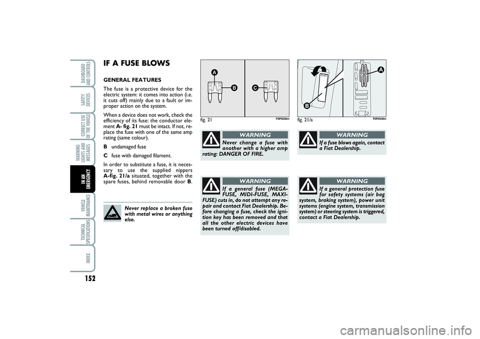 FIAT SCUDO 2016  Owner handbook (in English) 152WARNING
LIGHTS AND
MESSAGESVEHICLE
MAINTENANCETECHNICAL
SPECIFICATIONSINDEXDASHBOARD
AND CONTROLSSAFETY
DEVICESCORRECT USE
OF THE VEHICLEIN AN
EMERGENCY
IF A FUSE BLOWSGENERAL FEATURES
The fuse is 