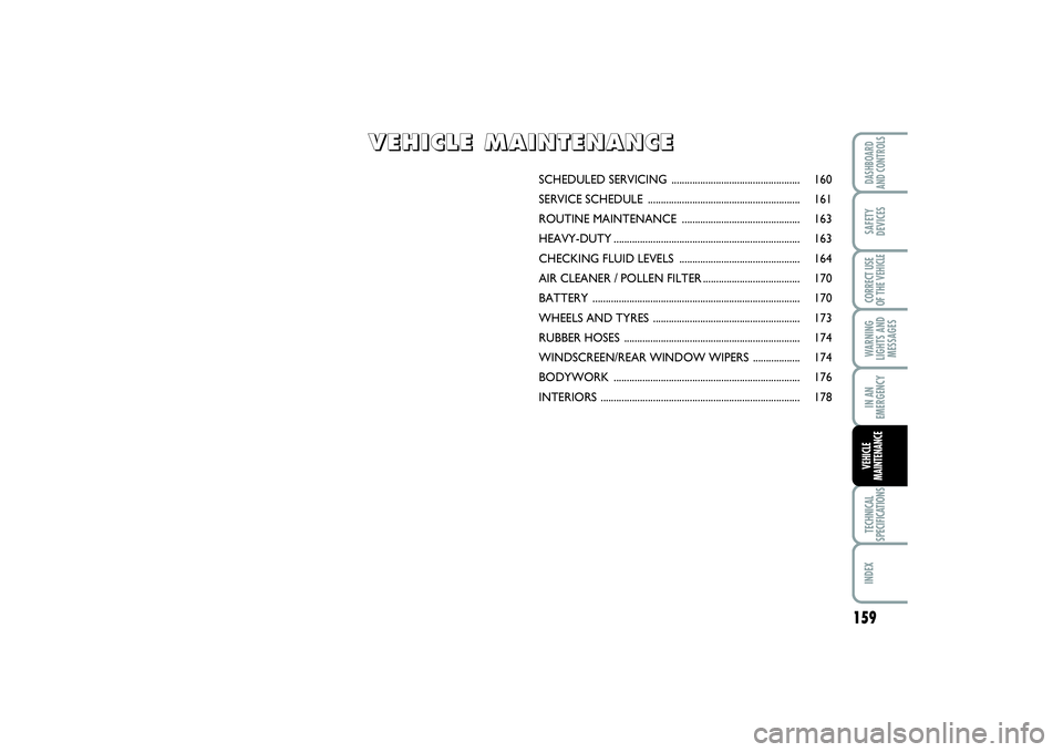 FIAT SCUDO 2016  Owner handbook (in English) 159
WARNING
LIGHTS AND
MESSAGESTECHNICAL
SPECIFICATIONSINDEX DASHBOARD
AND CONTROLSSAFETY
DEVICESCORRECT USE
OF THE VEHICLEIN AN
EMERGENCYVEHICLE
MAINTENANCE
SCHEDULED SERVICING ......................