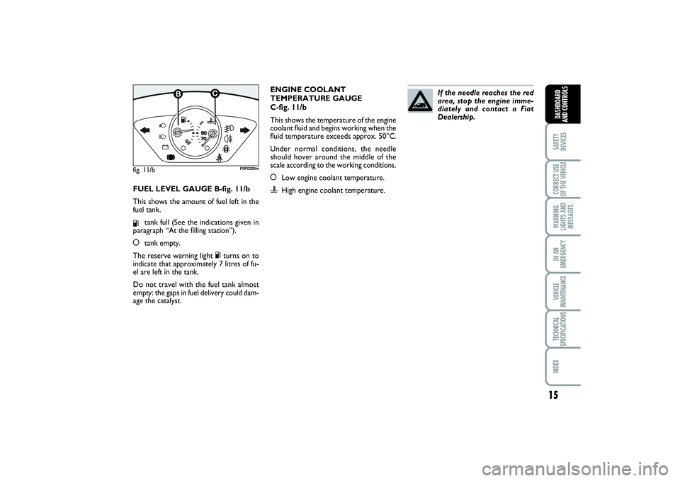 FIAT SCUDO 2016  Owner handbook (in English) 15
SAFETY
DEVICESCORRECT USE
OF THE VEHICLE WARNING
LIGHTS AND
MESSAGESIN AN
EMERGENCYVEHICLE
MAINTENANCETECHNICAL
SPECIFICATIONSINDEX DASHBOARD
AND CONTROLS
FUEL LEVEL GAUGE B-fig. 11/b
This shows th