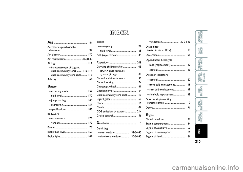 FIAT SCUDO 2015  Owner handbook (in English) 215
WARNING
LIGHTS AND
MESSAGESDASHBOARD
AND CONTROLSSAFETY
DEVICESCORRECT USE
OF THE VEHICLEIN AN
EMERGENCYVEHICLE
MAINTENANCETECHNICAL
SPECIFICATIONSINDEX
Brakes
– emergency.......................