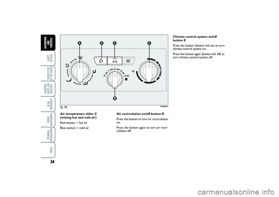 FIAT SCUDO 2015  Owner handbook (in English) 34SAFETY
DEVICESCORRECT USE
OF THE VEHICLE 
WARNING
LIGHTS AND
MESSAGESIN AN
EMERGENCYVEHICLE
MAINTENANCETECHNICAL
SPECIFICATIONSINDEX
DASHBOARD
AND
CONTROLS
Air temperature slider C 
(mixing hot and 