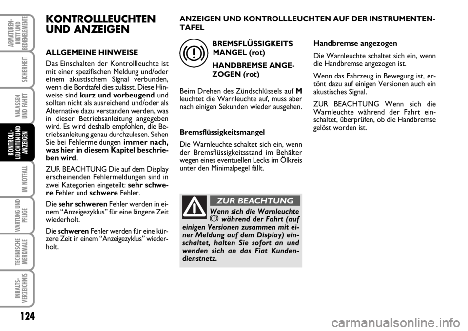 FIAT SCUDO 2010 Betriebsanleitung (in German) 124
IM NOTFALL
WARTUNG UND
PFLEGE
TECHNISCHE
MERKMALE
INHALTS-
VERZEICHNIS
ARMATUREN-
BRETT UND
BEDIENELEMENTE
SICHERHEIT
ANLASSEN
UND FAHRT
KONTROLL-
LEUCHTEN UND
ANZEIGEN
KONTROLLLEUCHTEN
UND ANZEIG FIAT SCUDO 2010 Betriebsanleitung (in German) 124
IM NOTFALL
WARTUNG UND
PFLEGE
TECHNISCHE
MERKMALE
INHALTS-
VERZEICHNIS
ARMATUREN-
BRETT UND
BEDIENELEMENTE
SICHERHEIT
ANLASSEN
UND FAHRT
KONTROLL-
LEUCHTEN UND
ANZEIGEN
KONTROLLLEUCHTEN
UND ANZEIG
