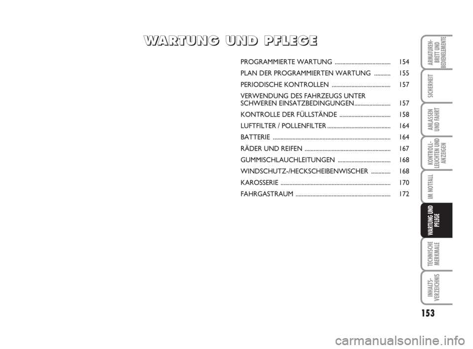 FIAT SCUDO 2010 Betriebsanleitung (in German) 153
KONTROLL-
LEUCHTEN UND
ANZEIGEN
TECHNISCHE
MERKMALE
INHALTS-
VERZEICHNIS
ARMATUREN-
BRETT UND
BEDIENELEMENTE
SICHERHEIT
ANLASSEN
UND FAHRT
IM NOTFALL
WARTUNG UND
PFLEGE
PROGRAMMIERTE WARTUNG ..... FIAT SCUDO 2010 Betriebsanleitung (in German) 153
KONTROLL-
LEUCHTEN UND
ANZEIGEN
TECHNISCHE
MERKMALE
INHALTS-
VERZEICHNIS
ARMATUREN-
BRETT UND
BEDIENELEMENTE
SICHERHEIT
ANLASSEN
UND FAHRT
IM NOTFALL
WARTUNG UND
PFLEGE
PROGRAMMIERTE WARTUNG .....