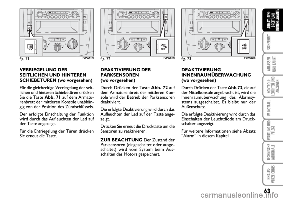 FIAT SCUDO 2010  Betriebsanleitung (in German) 63
SICHERHEIT
ANLASSEN
UND FAHRT
KONTROLL-
LEUCHTEN UND
ANZEIGEN
IM NOTFALL
WARTUNG UND
PFLEGE
TECHNISCHE
MERKMALE
INHALTS-
VERZEICHNIS
ARMATUREN-
BRETT UND
BEDIENELEMENTE
fig. 72F0P0063mfig. 73F0P006