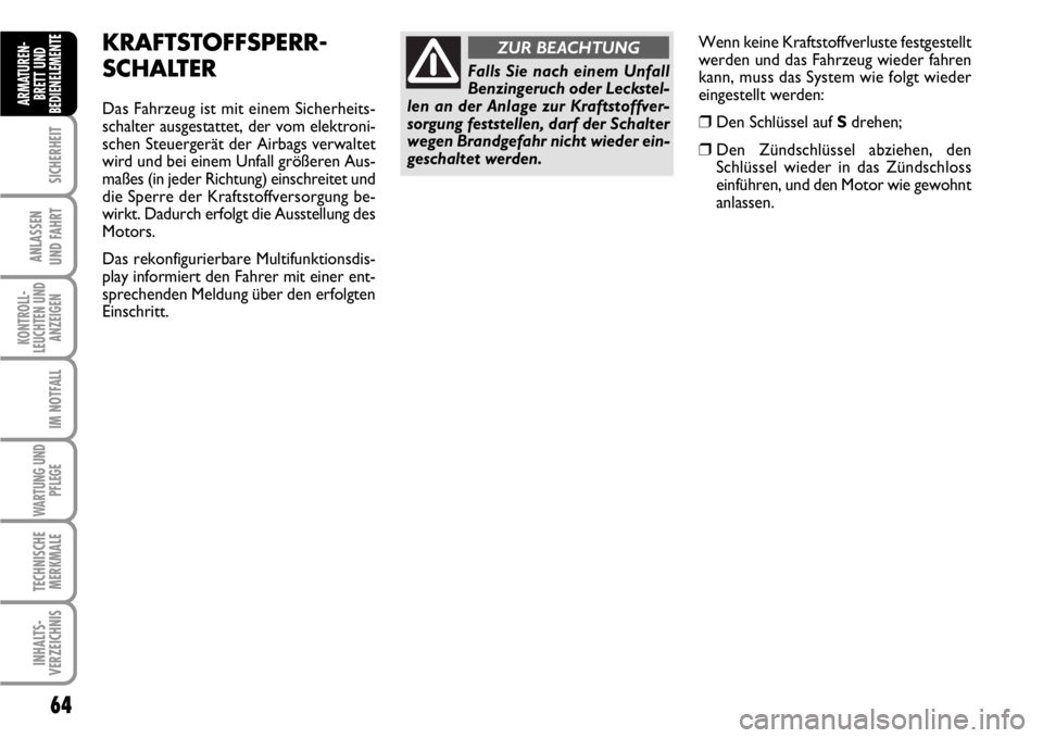 FIAT SCUDO 2010 Betriebsanleitung (in German) 64
SICHERHEIT
ANLASSEN
UND FAHRT
KONTROLL-
LEUCHTEN UND
ANZEIGEN
IM NOTFALL
WARTUNG UND
PFLEGE
TECHNISCHE
MERKMALE
INHALTS-
VERZEICHNIS
ARMATUREN-
BRETT UND
BEDIENELEMENT
EKRAFTSTOFFSPERR-
SCHALTER
Da FIAT SCUDO 2010 Betriebsanleitung (in German) 64
SICHERHEIT
ANLASSEN
UND FAHRT
KONTROLL-
LEUCHTEN UND
ANZEIGEN
IM NOTFALL
WARTUNG UND
PFLEGE
TECHNISCHE
MERKMALE
INHALTS-
VERZEICHNIS
ARMATUREN-
BRETT UND
BEDIENELEMENT
EKRAFTSTOFFSPERR-
SCHALTER
Da
