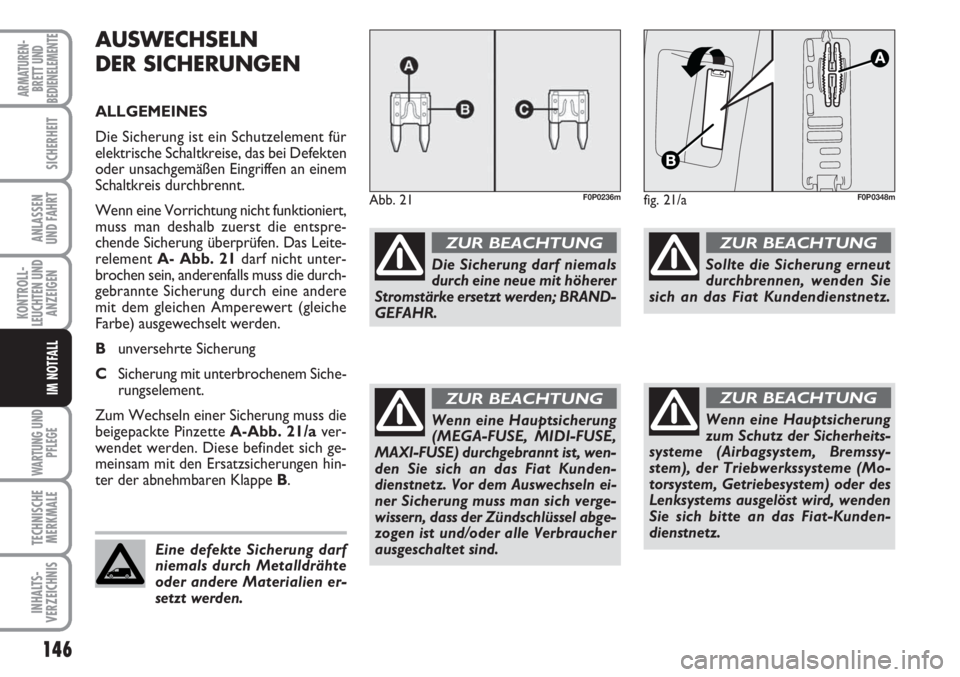 FIAT SCUDO 2011 Betriebsanleitung (in German) 146
KONTROLL-
LEUCHTEN UND
ANZEIGEN
WARTUNG UND
PFLEGE
TECHNISCHE
MERKMALE
INHALTS-
VERZEICHNIS
ARMATUREN-
BRETT UND
BEDIENELEMENTE
SICHERHEIT
ANLASSEN
UND FAHRT
IM NOTFALL
AUSWECHSELN
DER SICHERUNGEN FIAT SCUDO 2011 Betriebsanleitung (in German) 146
KONTROLL-
LEUCHTEN UND
ANZEIGEN
WARTUNG UND
PFLEGE
TECHNISCHE
MERKMALE
INHALTS-
VERZEICHNIS
ARMATUREN-
BRETT UND
BEDIENELEMENTE
SICHERHEIT
ANLASSEN
UND FAHRT
IM NOTFALL
AUSWECHSELN
DER SICHERUNGEN