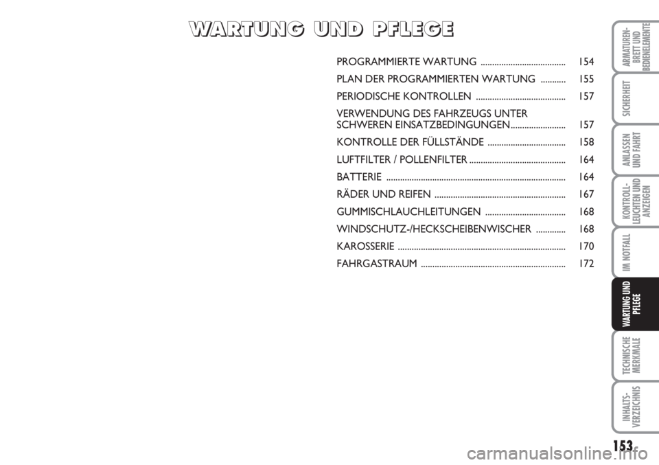 FIAT SCUDO 2011 Betriebsanleitung (in German) 153
KONTROLL-
LEUCHTEN UND
ANZEIGEN
TECHNISCHE
MERKMALE
INHALTS-
VERZEICHNIS
ARMATUREN-
BRETT UND
BEDIENELEMENTE
SICHERHEIT
ANLASSEN
UND FAHRT
IM NOTFALL
WARTUNG UND
PFLEGE
PROGRAMMIERTE WARTUNG ..... FIAT SCUDO 2011 Betriebsanleitung (in German) 153
KONTROLL-
LEUCHTEN UND
ANZEIGEN
TECHNISCHE
MERKMALE
INHALTS-
VERZEICHNIS
ARMATUREN-
BRETT UND
BEDIENELEMENTE
SICHERHEIT
ANLASSEN
UND FAHRT
IM NOTFALL
WARTUNG UND
PFLEGE
PROGRAMMIERTE WARTUNG .....