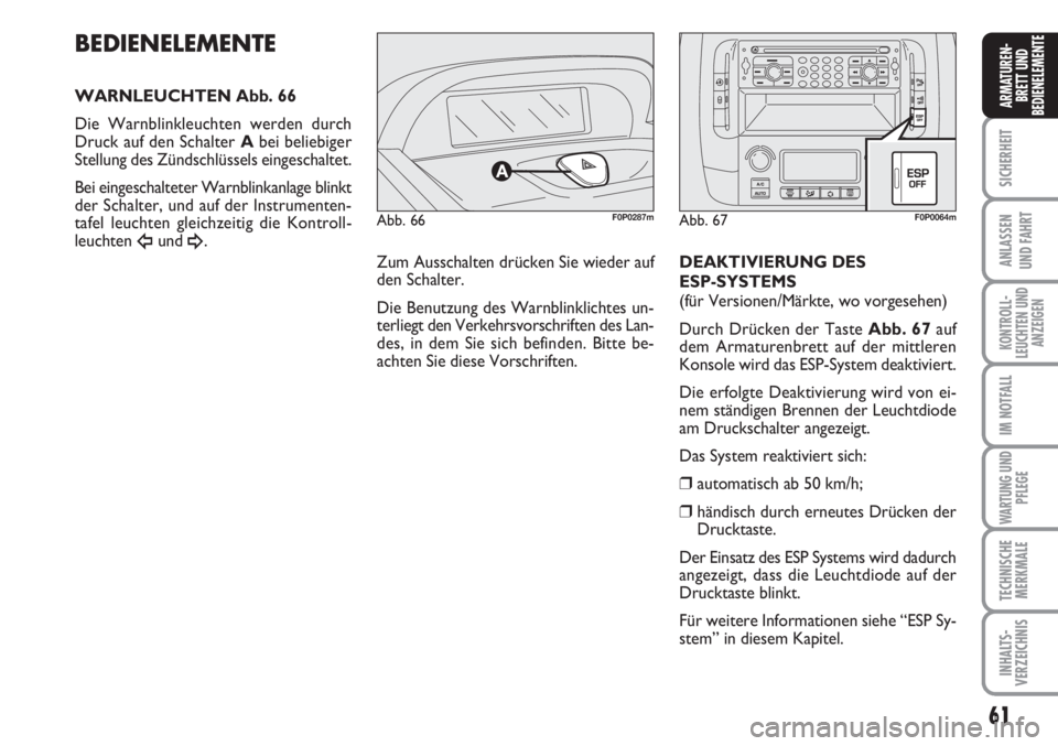 FIAT SCUDO 2011  Betriebsanleitung (in German) 61
SICHERHEIT
ANLASSEN
UND FAHRT
KONTROLL-
LEUCHTEN UND
ANZEIGEN
IM NOTFALL
WARTUNG UND
PFLEGE
TECHNISCHE
MERKMALE
INHALTS-
VERZEICHNIS
ARMATUREN-
BRETT UND
BEDIENELEMENTE
Zum Ausschalten drücken Sie