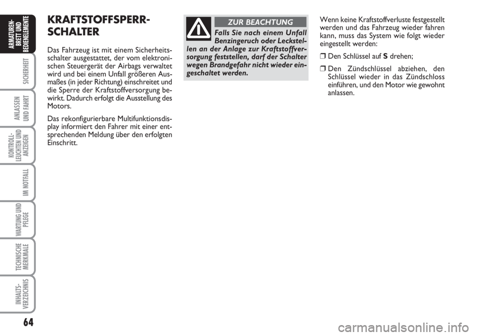 FIAT SCUDO 2011  Betriebsanleitung (in German) 64
SICHERHEIT
ANLASSEN
UND FAHRT
KONTROLL-
LEUCHTEN UND
ANZEIGEN
IM NOTFALL
WARTUNG UND
PFLEGE
TECHNISCHE
MERKMALE
INHALTS-
VERZEICHNIS
ARMATUREN-
BRETT UND
BEDIENELEMENT
EKRAFTSTOFFSPERR-
SCHALTER
Da