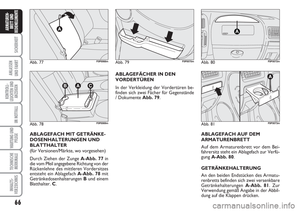 FIAT SCUDO 2011  Betriebsanleitung (in German) 66
SICHERHEIT
ANLASSEN
UND FAHRT
KONTROLL-
LEUCHTEN UND
ANZEIGEN
IM NOTFALL
WARTUNG UND
PFLEGE
TECHNISCHE
MERKMALE
INHALTS-
VERZEICHNIS
ARMATUREN-
BRETT UND
BEDIENELEMENT
E
Abb. 77F0P0068m
Abb. 78F0P0