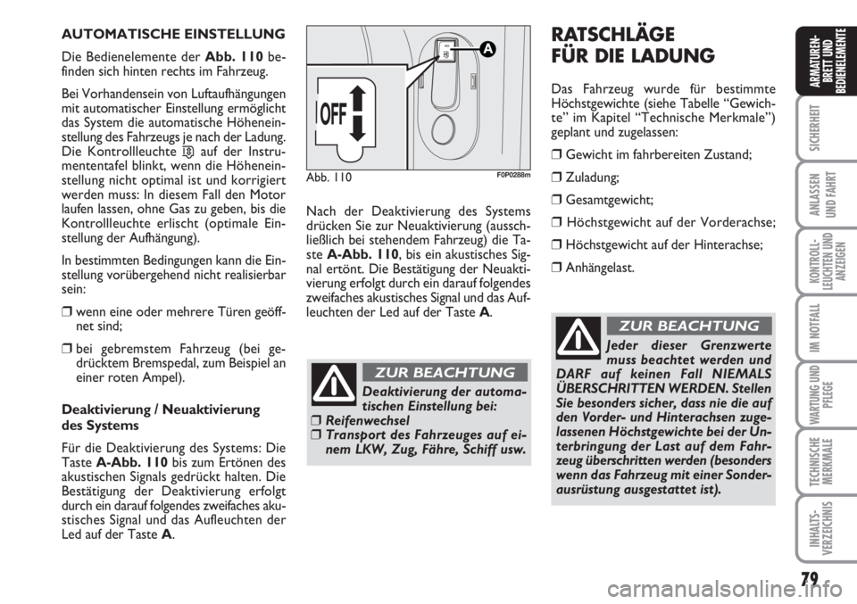 FIAT SCUDO 2011 Betriebsanleitung (in German) 79
SICHERHEIT
ANLASSEN
UND FAHRT
KONTROLL-
LEUCHTEN UND
ANZEIGEN
IM NOTFALL
WARTUNG UND
PFLEGE
TECHNISCHE
MERKMALE
INHALTS-
VERZEICHNIS
ARMATUREN-
BRETT UND
BEDIENELEMENTE
AUTOMATISCHE EINSTELLUNG
Die FIAT SCUDO 2011 Betriebsanleitung (in German) 79
SICHERHEIT
ANLASSEN
UND FAHRT
KONTROLL-
LEUCHTEN UND
ANZEIGEN
IM NOTFALL
WARTUNG UND
PFLEGE
TECHNISCHE
MERKMALE
INHALTS-
VERZEICHNIS
ARMATUREN-
BRETT UND
BEDIENELEMENTE
AUTOMATISCHE EINSTELLUNG
Die