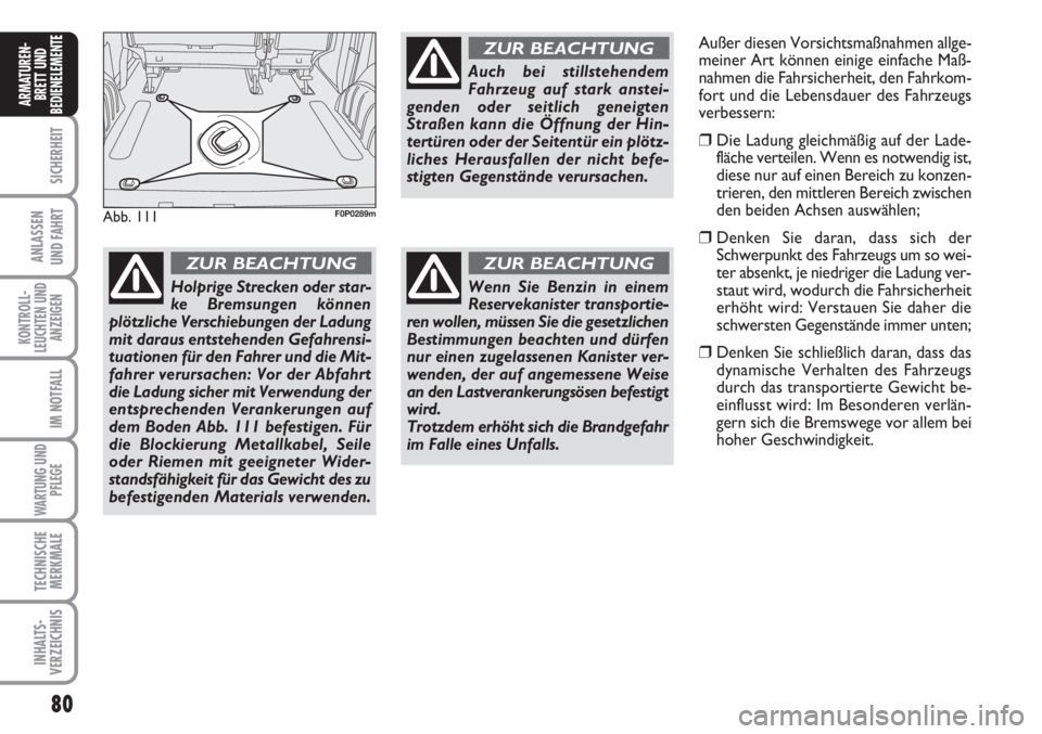 FIAT SCUDO 2011  Betriebsanleitung (in German) 80
SICHERHEIT
ANLASSEN
UND FAHRT
KONTROLL-
LEUCHTEN UND
ANZEIGEN
IM NOTFALL
WARTUNG UND
PFLEGE
TECHNISCHE
MERKMALE
INHALTS-
VERZEICHNIS
ARMATUREN-
BRETT UND
BEDIENELEMENT
E
Abb. 111F0P0289m
Holprige S