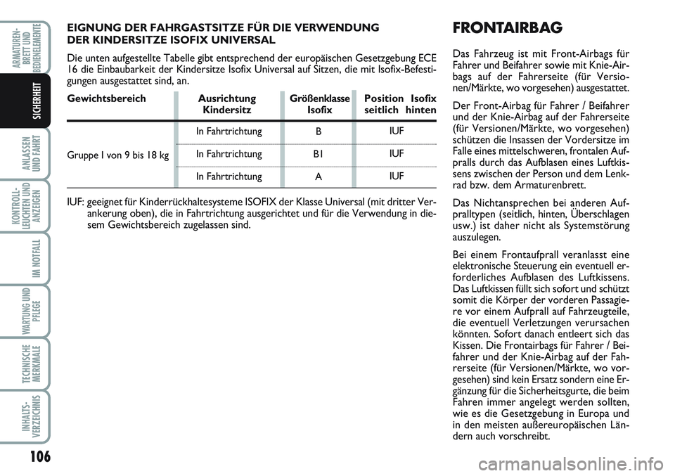 FIAT SCUDO 2012 Betriebsanleitung (in German) 106
ANLASSEN
UND FAHRT
KONTROLL-
LEUCHTEN UND
ANZEIGEN
IM NOTFALL
WARTUNG UND
PFLEGE
TECHNISCHE
MERKMALE
INHALTS-
VERZEICHNIS
ARMATUREN-
BRETT UND
BEDIENELEMENTE
SICHERHEIT
FRONTAIRBAG
Das Fahrzeug is FIAT SCUDO 2012 Betriebsanleitung (in German) 106
ANLASSEN
UND FAHRT
KONTROLL-
LEUCHTEN UND
ANZEIGEN
IM NOTFALL
WARTUNG UND
PFLEGE
TECHNISCHE
MERKMALE
INHALTS-
VERZEICHNIS
ARMATUREN-
BRETT UND
BEDIENELEMENTE
SICHERHEIT
FRONTAIRBAG
Das Fahrzeug is