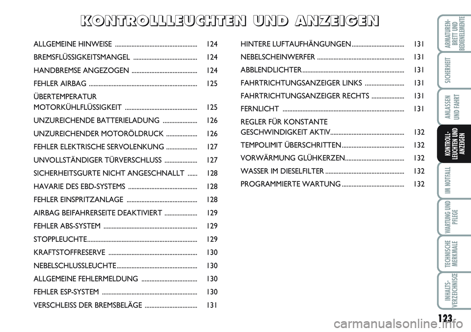 FIAT SCUDO 2012  Betriebsanleitung (in German) 123
SICHERHEIT
ANLASSEN
UND FAHRT
IM NOTFALL
WARTUNG UND
PFLEGE
TECHNISCHE
MERKMALE
INHALTS-
VERZEICHNISŒ
ARMATUREN-
BRETT UNDBEDIENELEMENTE
KONTROLL-
LEUCHTEN UND
ANZEIGEN
ALLGEMEINE HINWEISE ...... FIAT SCUDO 2012  Betriebsanleitung (in German) 123
SICHERHEIT
ANLASSEN
UND FAHRT
IM NOTFALL
WARTUNG UND
PFLEGE
TECHNISCHE
MERKMALE
INHALTS-
VERZEICHNISŒ
ARMATUREN-
BRETT UNDBEDIENELEMENTE
KONTROLL-
LEUCHTEN UND
ANZEIGEN
ALLGEMEINE HINWEISE ......