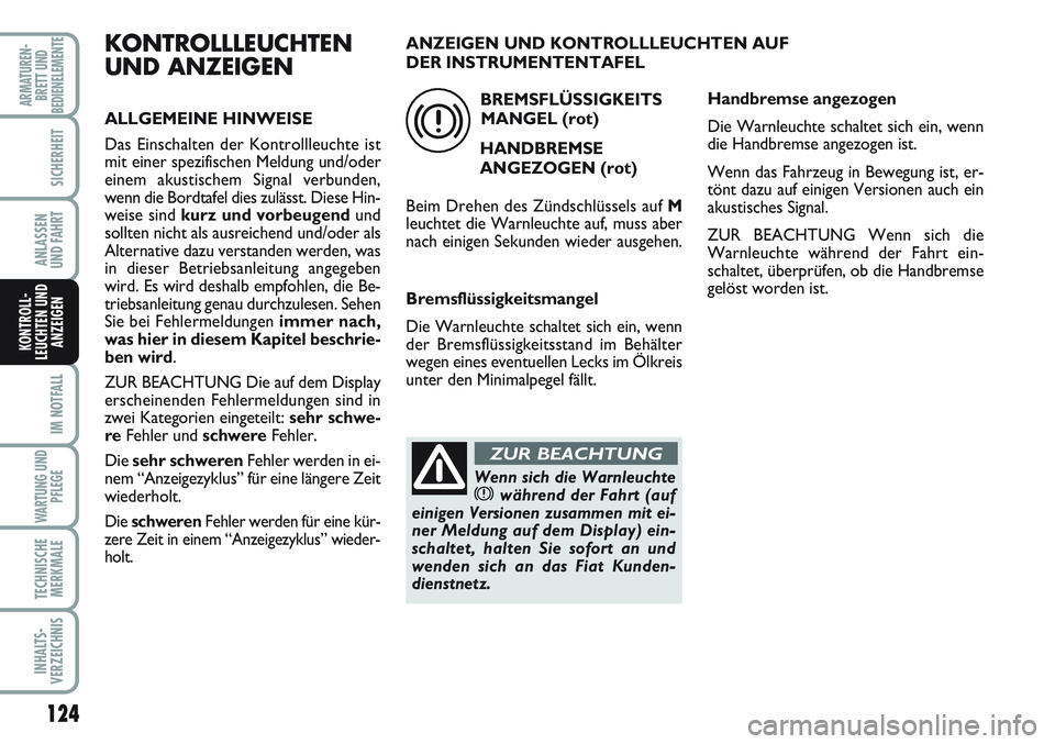FIAT SCUDO 2012  Betriebsanleitung (in German) 124
IM NOTFALL
WARTUNG UND
PFLEGE
TECHNISCHE
MERKMALE
INHALTS-
VERZEICHNIS
ARMATUREN-
BRETT UND
BEDIENELEMENTE
SICHERHEIT
ANLASSEN
UND FAHRT
KONTROLL-
LEUCHTEN UND
ANZEIGEN
KONTROLLLEUCHTEN
UND ANZEIG