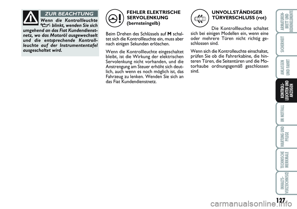 FIAT SCUDO 2012 Betriebsanleitung (in German) 127
SICHERHEIT
ANLASSEN
UND FAHRT
IM NOTFALL
WARTUNG UND
PFLEGE
TECHNISCHE
MERKMALE
INHALTS-
VERZEICHNISŒ
ARMATUREN-
BRETT UNDBEDIENELEMENTE
KONTROLL-
LEUCHTEN UND
ANZEIGEN
FEHLER ELEKTRISCHE
SERVOLE FIAT SCUDO 2012 Betriebsanleitung (in German) 127
SICHERHEIT
ANLASSEN
UND FAHRT
IM NOTFALL
WARTUNG UND
PFLEGE
TECHNISCHE
MERKMALE
INHALTS-
VERZEICHNISŒ
ARMATUREN-
BRETT UNDBEDIENELEMENTE
KONTROLL-
LEUCHTEN UND
ANZEIGEN
FEHLER ELEKTRISCHE
SERVOLE