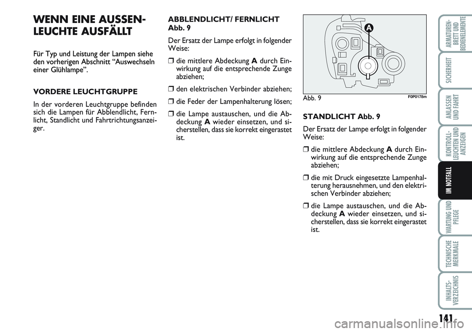 FIAT SCUDO 2012  Betriebsanleitung (in German) 141
KONTROLL-
LEUCHTEN UND
ANZEIGEN
WARTUNG UND
PFLEGE
TECHNISCHE
MERKMALE
INHALTS-
VERZEICHNIS
ARMATUREN-
BRETT UND
BEDIENELEMENTE
SICHERHEIT
ANLASSEN
UND FAHRT
IM NOTFALL
WENN EINE AUSSEN-
LEUCHTE A
