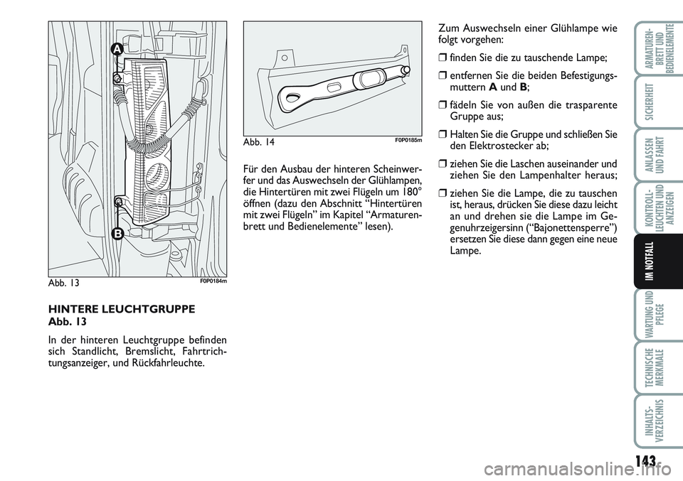 FIAT SCUDO 2012  Betriebsanleitung (in German) 143
KONTROLL-
LEUCHTEN UND
ANZEIGEN
WARTUNG UND
PFLEGE
TECHNISCHE
MERKMALE
INHALTS-
VERZEICHNIS
ARMATUREN-
BRETT UND
BEDIENELEMENTE
SICHERHEIT
ANLASSEN
UND FAHRT
IM NOTFALL
HINTERE LEUCHTGRUPPE 
Abb. 