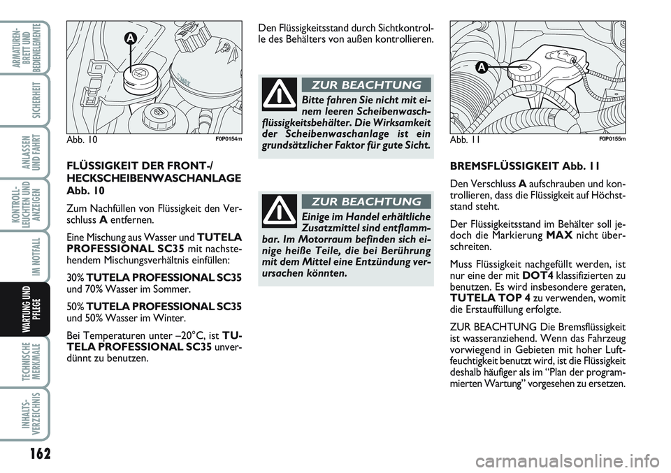 FIAT SCUDO 2012 Betriebsanleitung (in German) 162
KONTROLL-
LEUCHTEN UND
ANZEIGEN
TECHNISCHE
MERKMALE
INHALTS-
VERZEICHNIS
ARMATUREN-
BRETT UND
BEDIENELEMENTE
SICHERHEIT
ANLASSEN
UND FAHRT
IM NOTFALL
WARTUNG UND
PFLEGE
BREMSFLÜSSIGKEIT Abb. 11
D FIAT SCUDO 2012 Betriebsanleitung (in German) 162
KONTROLL-
LEUCHTEN UND
ANZEIGEN
TECHNISCHE
MERKMALE
INHALTS-
VERZEICHNIS
ARMATUREN-
BRETT UND
BEDIENELEMENTE
SICHERHEIT
ANLASSEN
UND FAHRT
IM NOTFALL
WARTUNG UND
PFLEGE
BREMSFLÜSSIGKEIT Abb. 11
D