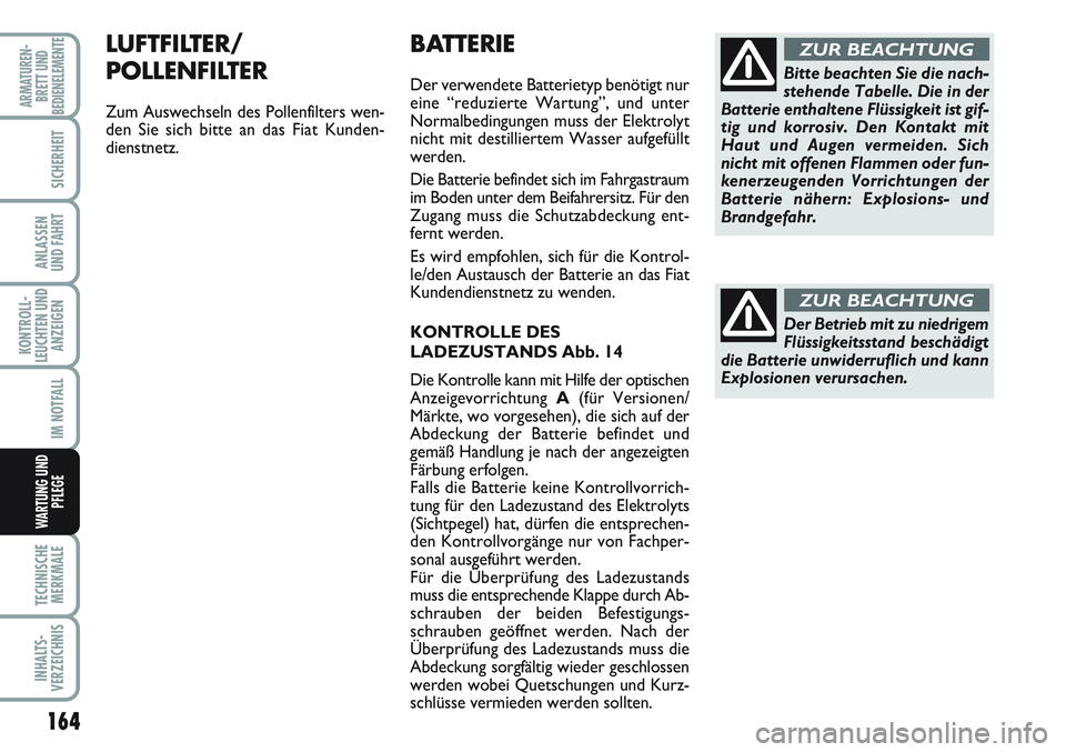 FIAT SCUDO 2012 Betriebsanleitung (in German) 164
KONTROLL-
LEUCHTEN UND
ANZEIGEN
TECHNISCHE
MERKMALE
INHALTS-
VERZEICHNIS
ARMATUREN-
BRETT UND
BEDIENELEMENTE
SICHERHEIT
ANLASSEN
UND FAHRT
IM NOTFALL
WARTUNG UND
PFLEGE
BATTERIE
Der verwendete Bat FIAT SCUDO 2012 Betriebsanleitung (in German) 164
KONTROLL-
LEUCHTEN UND
ANZEIGEN
TECHNISCHE
MERKMALE
INHALTS-
VERZEICHNIS
ARMATUREN-
BRETT UND
BEDIENELEMENTE
SICHERHEIT
ANLASSEN
UND FAHRT
IM NOTFALL
WARTUNG UND
PFLEGE
BATTERIE
Der verwendete Bat