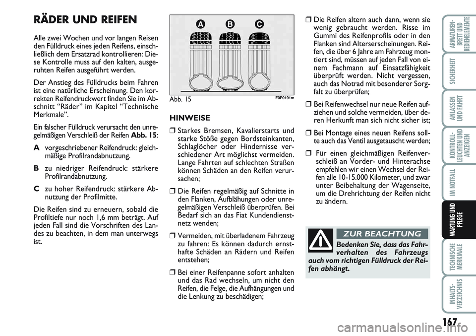 FIAT SCUDO 2012  Betriebsanleitung (in German) 167
KONTROLL-
LEUCHTEN UND
ANZEIGEN
TECHNISCHE
MERKMALE
INHALTS-
VERZEICHNIS
ARMATUREN-
BRETT UND
BEDIENELEMENTE
SICHERHEIT
ANLASSEN
UND FAHRT
IM NOTFALL
WARTUNG UND
PFLEGE
RÄDER UND REIFEN
Alle zwei