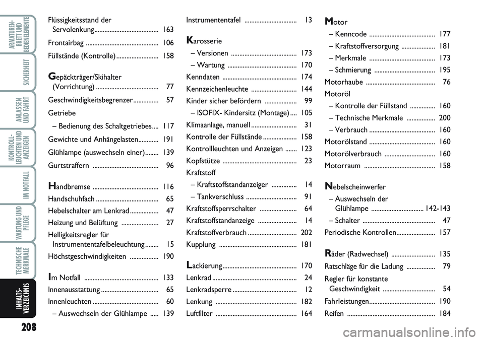 FIAT SCUDO 2012 Betriebsanleitung (in German) 208
KONTROLL-
LEUCHTEN UND
ANZEIGEN
ARMATUREN-
BRETT UND
BEDIENELEMENTE
SICHERHEIT
ANLASSEN
UND FAHRT
IM NOTFALL
WARTUNG UND
PFLEGE
TECHNISCHE
MERKMALE
INHALTS-
VERZEICHNIS
Instrumententafel ......... FIAT SCUDO 2012 Betriebsanleitung (in German) 208
KONTROLL-
LEUCHTEN UND
ANZEIGEN
ARMATUREN-
BRETT UND
BEDIENELEMENTE
SICHERHEIT
ANLASSEN
UND FAHRT
IM NOTFALL
WARTUNG UND
PFLEGE
TECHNISCHE
MERKMALE
INHALTS-
VERZEICHNIS
Instrumententafel .........