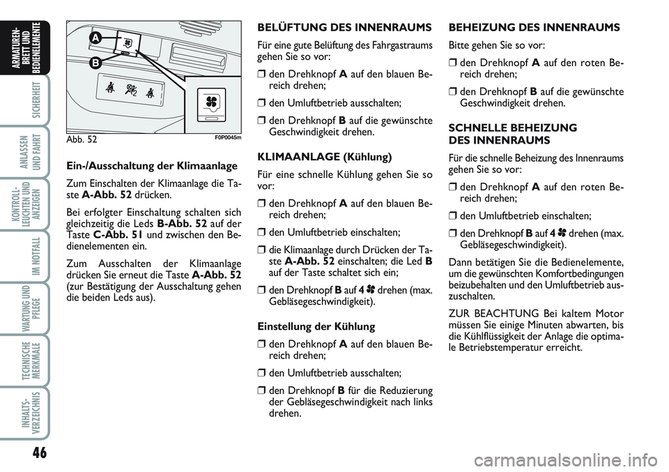 FIAT SCUDO 2012  Betriebsanleitung (in German) 46
SICHERHEIT
ANLASSEN
UND FAHRT
KONTROLL-
LEUCHTEN UND
ANZEIGEN
IM NOTFALL
WARTUNG UND
PFLEGE
TECHNISCHE
MERKMALE
INHALTS-
VERZEICHNIS
ARMATUREN-
BRETT UND
BEDIENELEMENT
EBEHEIZUNG DES INNENRAUMS
Bit