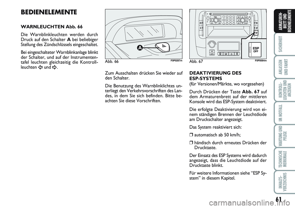 FIAT SCUDO 2012  Betriebsanleitung (in German) 61
SICHERHEIT
ANLASSEN
UND FAHRT
KONTROLL-
LEUCHTEN UND
ANZEIGEN
IM NOTFALL
WARTUNG UND
PFLEGE
TECHNISCHE
MERKMALE
INHALTS-
VERZEICHNIS
ARMATUREN-
BRETT UND
BEDIENELEMENTE
Zum Ausschalten drücken Sie