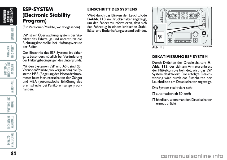 FIAT SCUDO 2012  Betriebsanleitung (in German) 84
SICHERHEIT
ANLASSEN
UND FAHRT
KONTROLL-
LEUCHTEN UND
ANZEIGEN
IM NOTFALL
WARTUNG UND
PFLEGE
TECHNISCHE
MERKMALE
INHALTS-
VERZEICHNIS
ARMATUREN-
BRETT UND
BEDIENELEMENT
E
Abb. 113F0F0104m
ESP-SYSTEM