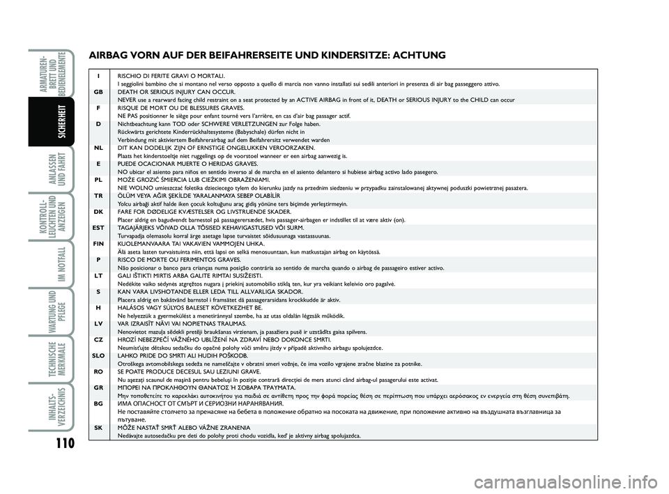 FIAT SCUDO 2013 Betriebsanleitung (in German) 110
ANLASSEN
UND FAHRT
KONTROLL-
LEUCHTEN UND
ANZEIGEN
IM NOTFALL
WARTUNG UND
PFLEGE
TECHNISCHE
MERKMALE
INHALTS-
VERZEICHNIS
ARMATUREN-
BRETT UND
BEDIENELEMENTE
SICHERHEIT
AIRBAG VORN AUF DER BEIFAH FIAT SCUDO 2013 Betriebsanleitung (in German) 110
ANLASSEN
UND FAHRT
KONTROLL-
LEUCHTEN UND
ANZEIGEN
IM NOTFALL
WARTUNG UND
PFLEGE
TECHNISCHE
MERKMALE
INHALTS-
VERZEICHNIS
ARMATUREN-
BRETT UND
BEDIENELEMENTE
SICHERHEIT
AIRBAG VORN AUF DER BEIFAH