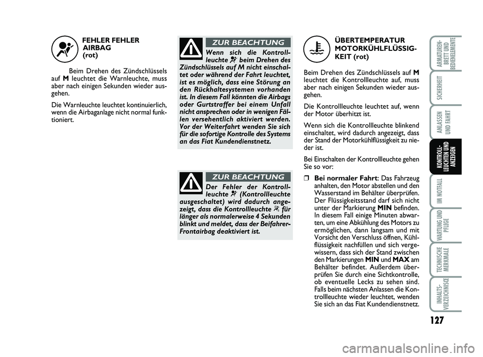 FIAT SCUDO 2013 Betriebsanleitung (in German) 127
SICHERHEIT
ANLASSEN
UND FAHRT
IM NOTFALL
WARTUNG UND
PFLEGE
TECHNISCHE
MERKMALE
INHALTS-
VERZEICHNISŒ
ARMATUREN-
BRETT UNDBEDIENELEMENTE
KONTROLL-
LEUCHTEN UND
ANZEIGEN
FEHLER FEHLER
AIRBAG
(r FIAT SCUDO 2013 Betriebsanleitung (in German) 127
SICHERHEIT
ANLASSEN
UND FAHRT
IM NOTFALL
WARTUNG UND
PFLEGE
TECHNISCHE
MERKMALE
INHALTS-
VERZEICHNISŒ
ARMATUREN-
BRETT UNDBEDIENELEMENTE
KONTROLL-
LEUCHTEN UND
ANZEIGEN
FEHLER FEHLER
AIRBAG
(r
