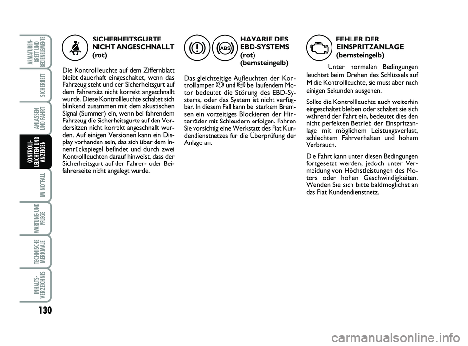 FIAT SCUDO 2013 Betriebsanleitung (in German) 130
IM NOTFALL
WARTUNG UND
PFLEGE
TECHNISCHE
MERKMALE
INHALTS-
VERZEICHNIS
ARMATUREN-
BRETT UND
BEDIENELEMENTE
SICHERHEIT
ANLASSEN
UND FAHRT
KONTROLL-
LEUCHTEN UND
ANZEIGEN
HAVARIE DES
EBD-SYSTEMS
(r FIAT SCUDO 2013 Betriebsanleitung (in German) 130
IM NOTFALL
WARTUNG UND
PFLEGE
TECHNISCHE
MERKMALE
INHALTS-
VERZEICHNIS
ARMATUREN-
BRETT UND
BEDIENELEMENTE
SICHERHEIT
ANLASSEN
UND FAHRT
KONTROLL-
LEUCHTEN UND
ANZEIGEN
HAVARIE DES
EBD-SYSTEMS
(r