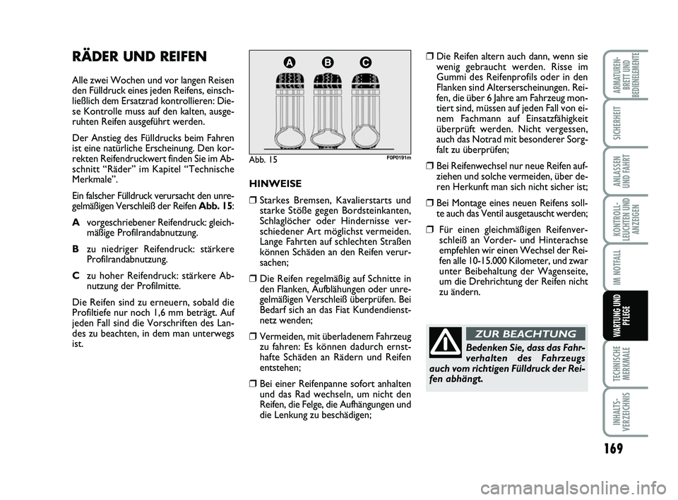 FIAT SCUDO 2013 Betriebsanleitung (in German) 169
KONTROLL-
LEUCHTEN UND
ANZEIGEN
TECHNISCHE
MERKMALE
INHALTS-
VERZEICHNIS
ARMATUREN-
BRETT UND
BEDIENELEMENTE
SICHERHEIT
ANLASSEN
UND FAHRT
IM NOTFALL
WARTUNG UND
PFLEGE
RÄDER UND REIFEN
Alle zwei FIAT SCUDO 2013 Betriebsanleitung (in German) 169
KONTROLL-
LEUCHTEN UND
ANZEIGEN
TECHNISCHE
MERKMALE
INHALTS-
VERZEICHNIS
ARMATUREN-
BRETT UND
BEDIENELEMENTE
SICHERHEIT
ANLASSEN
UND FAHRT
IM NOTFALL
WARTUNG UND
PFLEGE
RÄDER UND REIFEN
Alle zwei