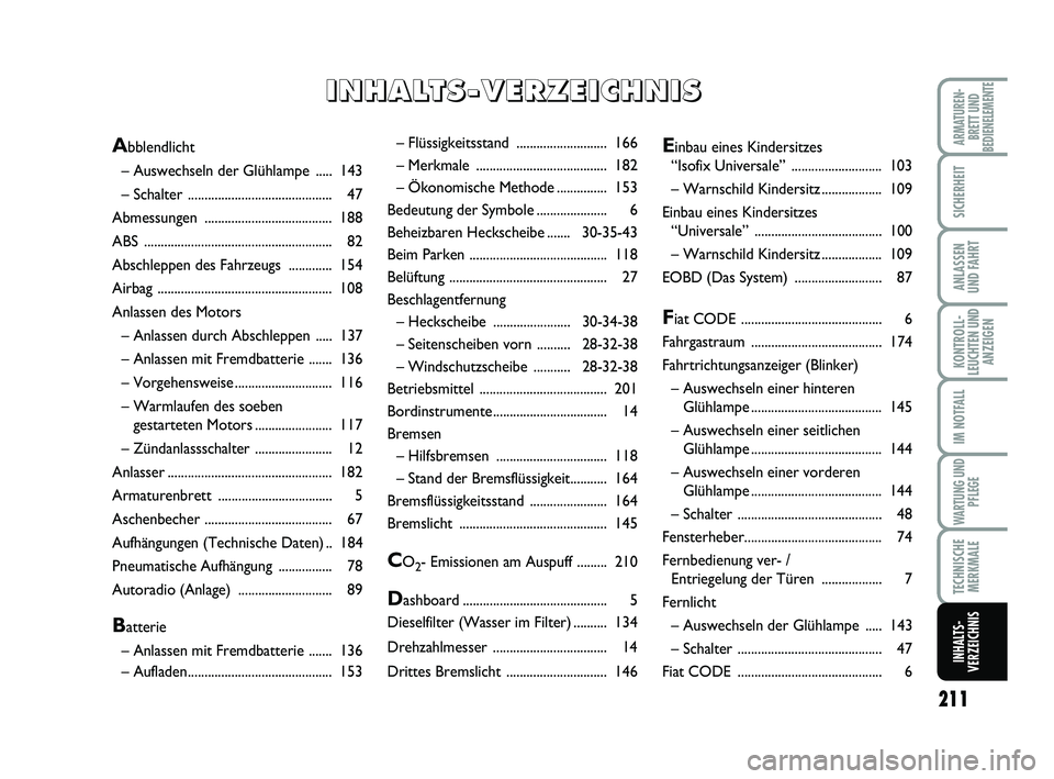 FIAT SCUDO 2013  Betriebsanleitung (in German) 211
KONTROLL-
LEUCHTEN UND
ANZEIGEN
ARMATUREN-
BRETT UND
BEDIENELEMENTE
SICHERHEIT
ANLASSEN
UND FAHRT
IM NOTFALL
WARTUNG UND
PFLEGE
TECHNISCHE
MERKMALE
INHALTS-
VERZEICHNIS
– Flüssigkeitsstand ....