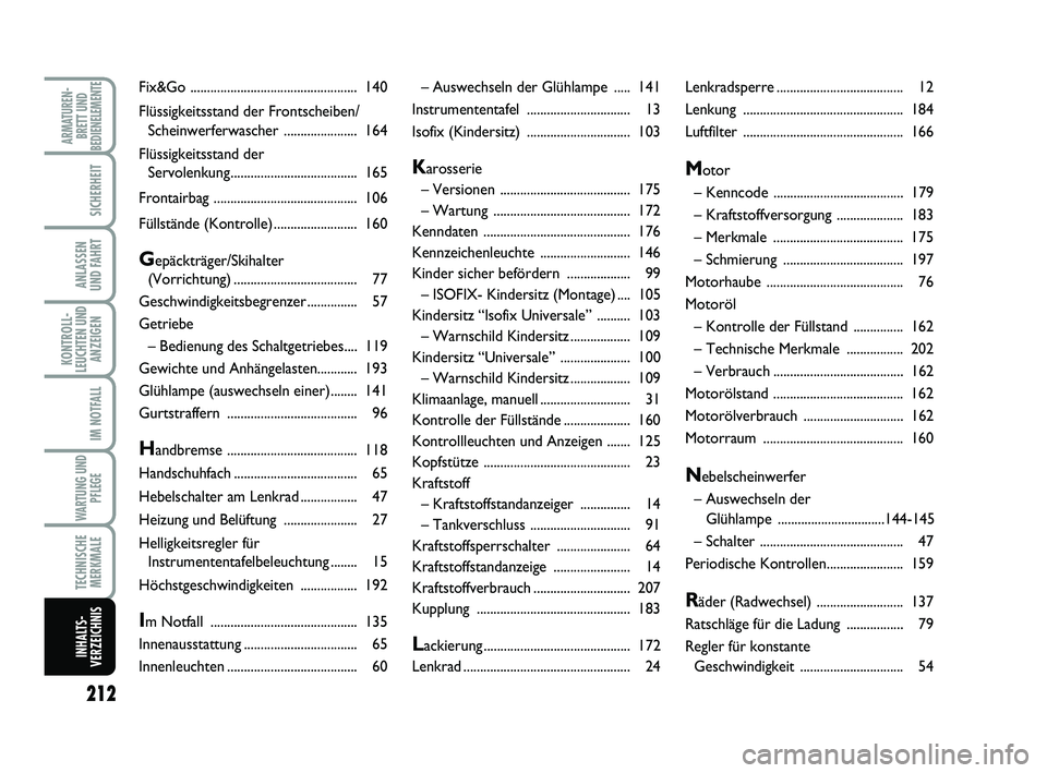 FIAT SCUDO 2013 Betriebsanleitung (in German) 212
KONTROLL-
LEUCHTEN UND
ANZEIGEN
ARMATUREN-
BRETT UND
BEDIENELEMENTE
SICHERHEIT
ANLASSEN
UND FAHRT
IM NOTFALL
WARTUNG UND
PFLEGE
TECHNISCHE
MERKMALE
INHALTS-
VERZEICHNIS
– Auswechseln der Glühl FIAT SCUDO 2013 Betriebsanleitung (in German) 212
KONTROLL-
LEUCHTEN UND
ANZEIGEN
ARMATUREN-
BRETT UND
BEDIENELEMENTE
SICHERHEIT
ANLASSEN
UND FAHRT
IM NOTFALL
WARTUNG UND
PFLEGE
TECHNISCHE
MERKMALE
INHALTS-
VERZEICHNIS
– Auswechseln der Glühl