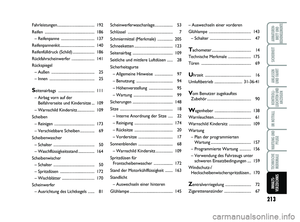 FIAT SCUDO 2013 Betriebsanleitung (in German) 213
KONTROLL-
LEUCHTEN UND
ANZEIGEN
ARMATUREN-
BRETT UND
BEDIENELEMENTE
SICHERHEIT
ANLASSEN
UND FAHRT
IM NOTFALL
WARTUNG UND
PFLEGE
TECHNISCHE
MERKMALE
INHALTS-
VERZEICHNIS
Scheinwerferwaschanlage.... FIAT SCUDO 2013 Betriebsanleitung (in German) 213
KONTROLL-
LEUCHTEN UND
ANZEIGEN
ARMATUREN-
BRETT UND
BEDIENELEMENTE
SICHERHEIT
ANLASSEN
UND FAHRT
IM NOTFALL
WARTUNG UND
PFLEGE
TECHNISCHE
MERKMALE
INHALTS-
VERZEICHNIS
Scheinwerferwaschanlage....
