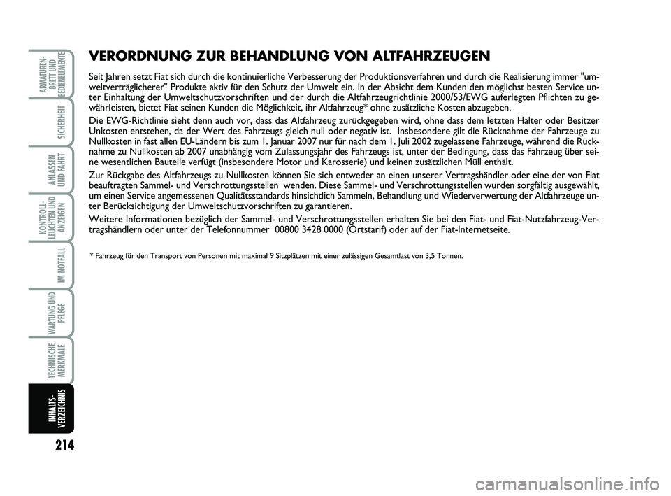 FIAT SCUDO 2013 Betriebsanleitung (in German) 214
KONTROLL-
LEUCHTEN UND
ANZEIGEN
ARMATUREN-
BRETT UND
BEDIENELEMENTE
SICHERHEIT
ANLASSEN
UND FAHRT
IM NOTFALL
WARTUNG UND
PFLEGE
TECHNISCHE
MERKMALE
INHALTS-
VERZEICHNIS
Pagine_ITA.indd 118-05-200 FIAT SCUDO 2013 Betriebsanleitung (in German) 214
KONTROLL-
LEUCHTEN UND
ANZEIGEN
ARMATUREN-
BRETT UND
BEDIENELEMENTE
SICHERHEIT
ANLASSEN
UND FAHRT
IM NOTFALL
WARTUNG UND
PFLEGE
TECHNISCHE
MERKMALE
INHALTS-
VERZEICHNIS
Pagine_ITA.indd 118-05-200