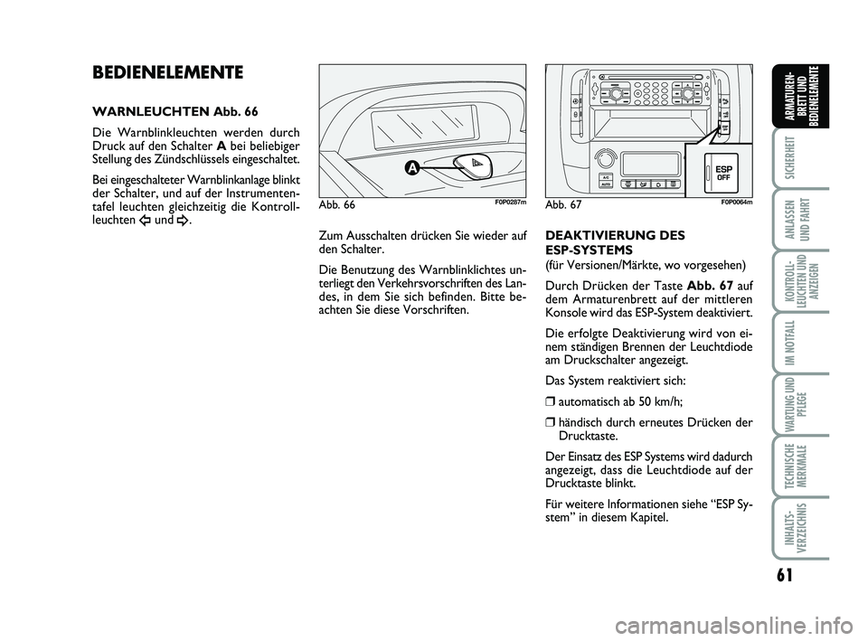FIAT SCUDO 2013  Betriebsanleitung (in German) 61
SICHERHEIT
ANLASSEN 
UND FAHRT
KONTROLL-
LEUCHTEN UND
ANZEIGEN
IM NOTFALL
WARTUNG UND
PFLEGE
TECHNISCHE
MERKMALE
INHALTS-
VERZEICHNIS
ARMATUREN-
BRETT UND
BEDIENELEMENTE
Zum Ausschalten drücken Si