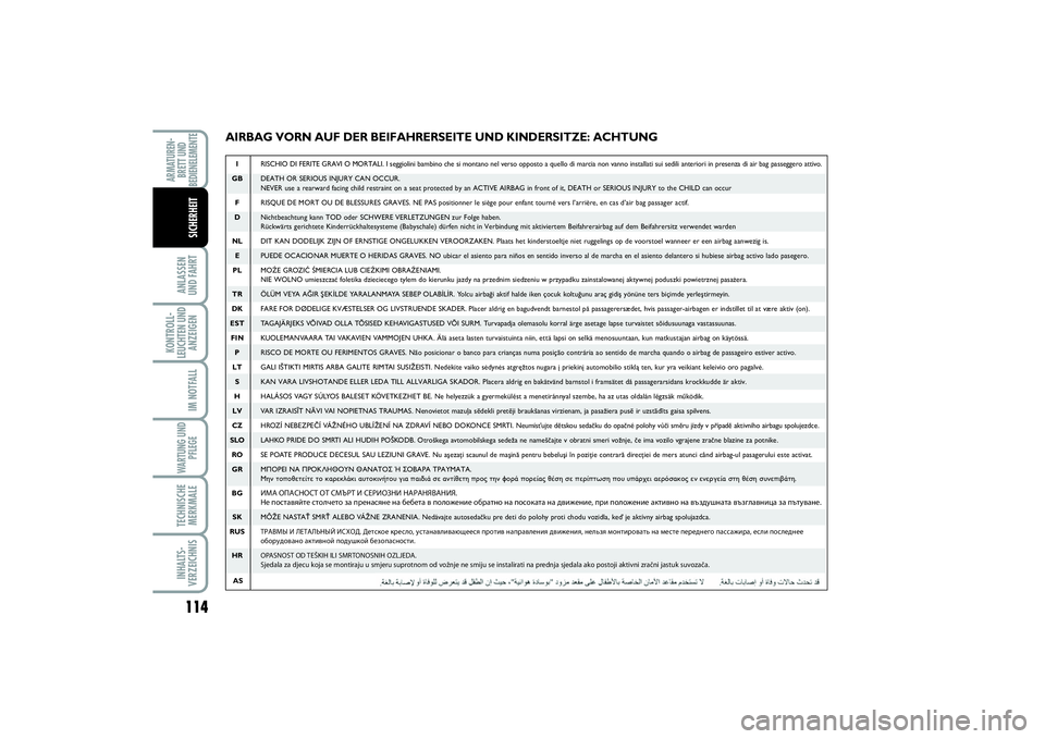 FIAT SCUDO 2016  Betriebsanleitung (in German) 114ANLASSEN 
UND FAHRTKONTROLL-
LEUCHTEN UND
ANZEIGEN
IM NOTFALLWARTUNG UND
PFLEGETECHNISCHE
MERKMALEINHALTS-
VERZEICHNISARMATUREN-
BRETT UND
BEDIENELEMENTE
SICHERHEIT
AIRBAG VORN AUF DER BEIFAHRERSEI