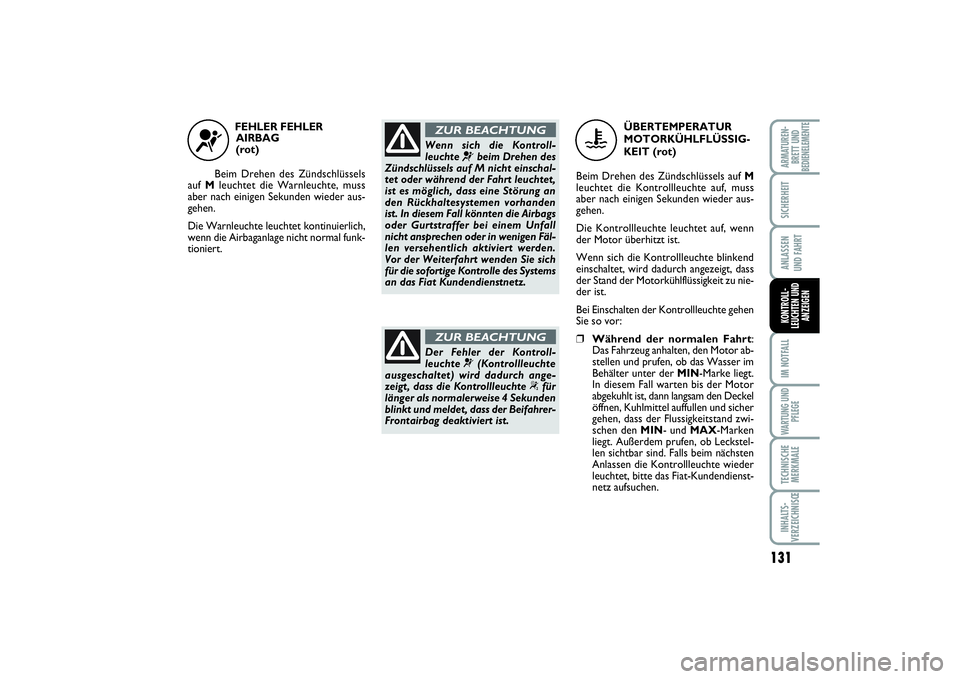 FIAT SCUDO 2015 Betriebsanleitung (in German) 131
SICHERHEITANLASSEN
UND FAHRTIM NOTFALLWARTUNG UND
PFLEGETECHNISCHE
MERKMALEINHALTS-
VERZEICHNISŒARMATUREN-
BRETT UND
BEDIENELEMENTE
KONTROLL-
LEUCHTEN UND
ANZEIGEN
FEHLER FEHLER
AIRBAG
(rot)
B FIAT SCUDO 2015 Betriebsanleitung (in German) 131
SICHERHEITANLASSEN
UND FAHRTIM NOTFALLWARTUNG UND
PFLEGETECHNISCHE
MERKMALEINHALTS-
VERZEICHNISŒARMATUREN-
BRETT UND
BEDIENELEMENTE
KONTROLL-
LEUCHTEN UND
ANZEIGEN
FEHLER FEHLER
AIRBAG
(rot)
B