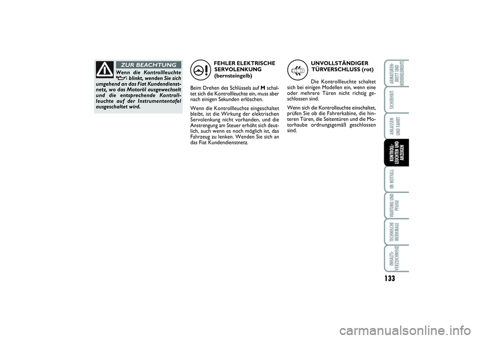 FIAT SCUDO 2015 Betriebsanleitung (in German) 133
SICHERHEITANLASSEN
UND FAHRTIM NOTFALLWARTUNG UND
PFLEGETECHNISCHE
MERKMALEINHALTS-
VERZEICHNISŒARMATUREN-
BRETT UND
BEDIENELEMENTE
KONTROLL-
LEUCHTEN UND
ANZEIGEN
FEHLER ELEKTRISCHE
SERVOLENKUN FIAT SCUDO 2015 Betriebsanleitung (in German) 133
SICHERHEITANLASSEN
UND FAHRTIM NOTFALLWARTUNG UND
PFLEGETECHNISCHE
MERKMALEINHALTS-
VERZEICHNISŒARMATUREN-
BRETT UND
BEDIENELEMENTE
KONTROLL-
LEUCHTEN UND
ANZEIGEN
FEHLER ELEKTRISCHE
SERVOLENKUN