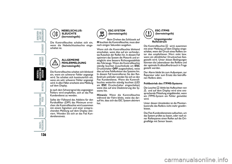 FIAT SCUDO 2015  Betriebsanleitung (in German) 136IM NOTFALLWARTUNG UND
PFLEGETECHNISCHE
MERKMALEINHALTS-
VERZEICHNISARMATUREN-
BRETT UND
BEDIENELEMENTE
SICHERHEITANLASSEN 
UND FAHRTKONTROLL-
LEUCHTEN UND
ANZEIGEN
NEBELSCHLUS-
SLEUCHTE 
(bernstein