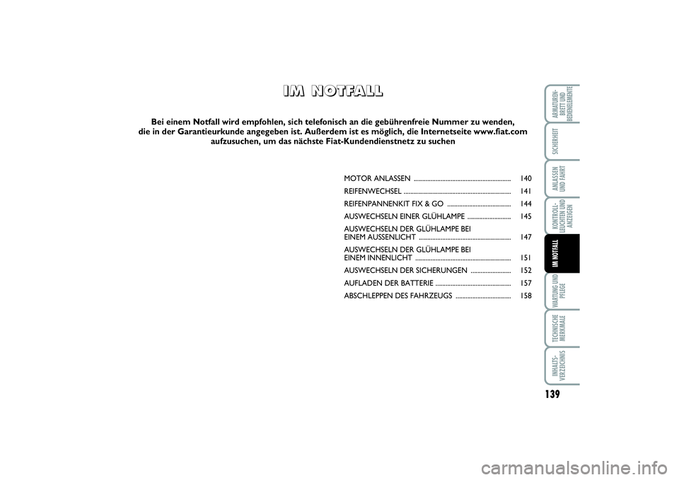 FIAT SCUDO 2015  Betriebsanleitung (in German) 139
KONTROLL-
LEUCHTEN UND
ANZEIGENWARTUNG UND
PFLEGETECHNISCHE
MERKMALEINHALTS-
VERZEICHNISARMATUREN-
BRETT UND
BEDIENELEMENTESICHERHEITANLASSEN
UND FAHRTIM NOTFALL
MOTOR ANLASSEN ...................