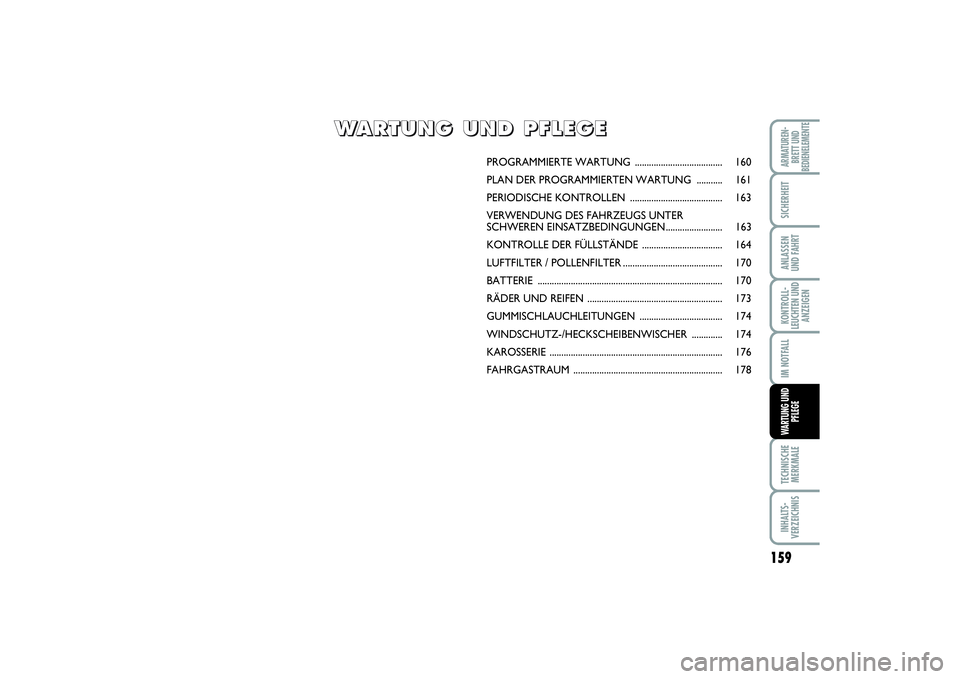FIAT SCUDO 2015 Betriebsanleitung (in German) 159
KONTROLL-
LEUCHTEN UND
ANZEIGENTECHNISCHE
MERKMALEINHALTS-
VERZEICHNISARMATUREN-
BRETT UND
BEDIENELEMENTESICHERHEITANLASSEN
UND FAHRTIM NOTFALLWARTUNG UND
PFLEGE
PROGRAMMIERTE WARTUNG ............ FIAT SCUDO 2015 Betriebsanleitung (in German) 159
KONTROLL-
LEUCHTEN UND
ANZEIGENTECHNISCHE
MERKMALEINHALTS-
VERZEICHNISARMATUREN-
BRETT UND
BEDIENELEMENTESICHERHEITANLASSEN
UND FAHRTIM NOTFALLWARTUNG UND
PFLEGE
PROGRAMMIERTE WARTUNG ............