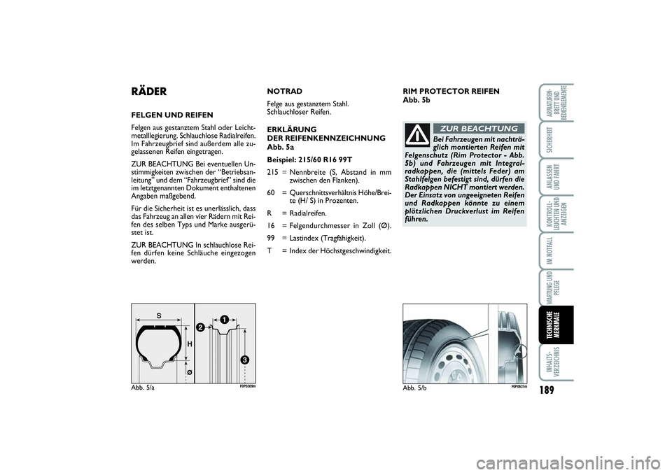 FIAT SCUDO 2015  Betriebsanleitung (in German) 189
KONTROLL-
LEUCHTEN UND
ANZEIGENINHALTS-
VERZEICHNISARMATUREN-
BRETT UND
BEDIENELEMENTESICHERHEITANLASSEN
UND FAHRTIM NOTFALLWARTUNG UND
PFLEGETECHNISCHE
MERKMALE
RIM PROTECTOR REIFEN 
Abb. 5b
RÄD